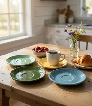 FiestaWare Multi Colored 6"Saucers Homer Laughlin (4) VTG Mint Blue Yellow GREEN